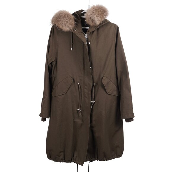 URBAN RESEARCH Rosso Women Jacket M/L Green Hooded Raccoon Fur Trim Anorak Parka - Picture 6 of 14